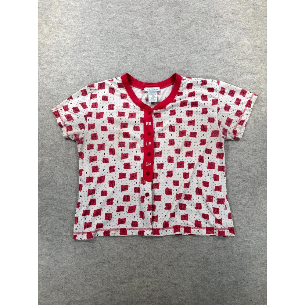VTG Esleep Pajama Top Womens Large Red White All Over Print Cotton Sleepwear